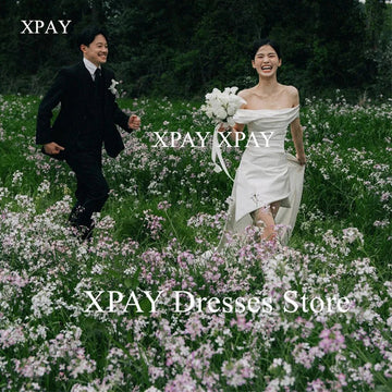 一字肩迷你短款婚禮派對禮服/柔軟緞面摺皺設計/不對稱裙擺/帶拖尾新娘禮服/背部可訂製綁帶 - WeddLin 輕婚紗