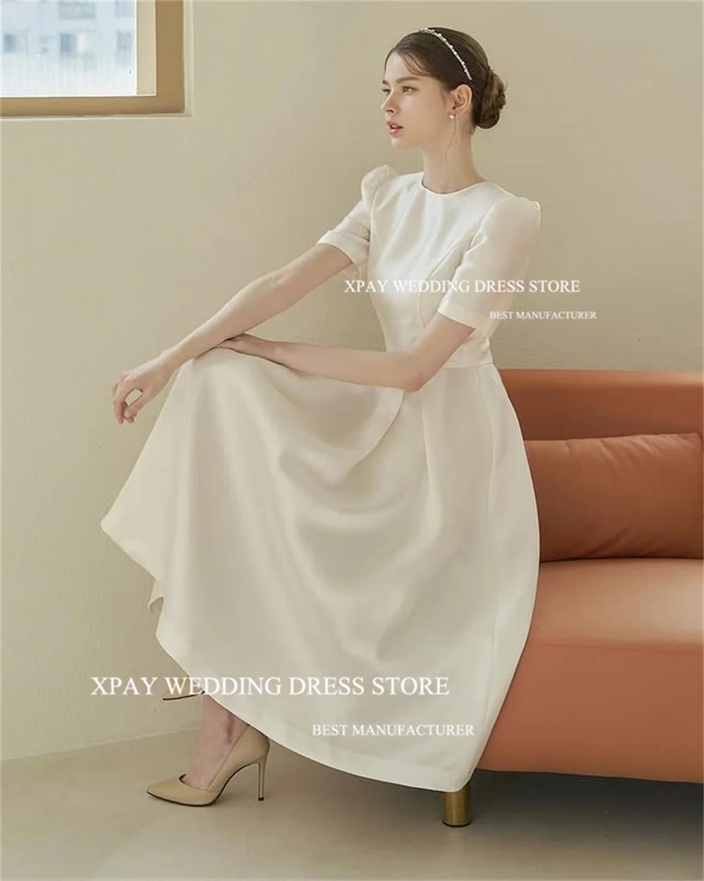 訂製圓領緞面婚紗｜韓系攝影及踝長禮服 - WeddLin 輕婚紗