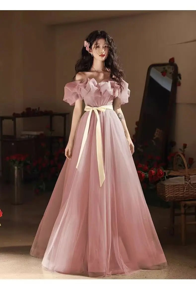 新款粉紅色露肩長女孩公主伴娘/宴會派對舞會/演出禮服 - WeddLin 輕婚紗