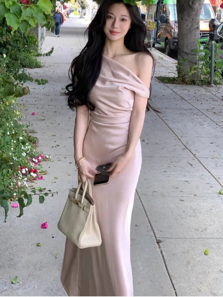 優雅純色晚會禮服/夏季時尚韓版畢業禮服/露肩修身連身裙 (現貨) - WeddLin 輕婚紗