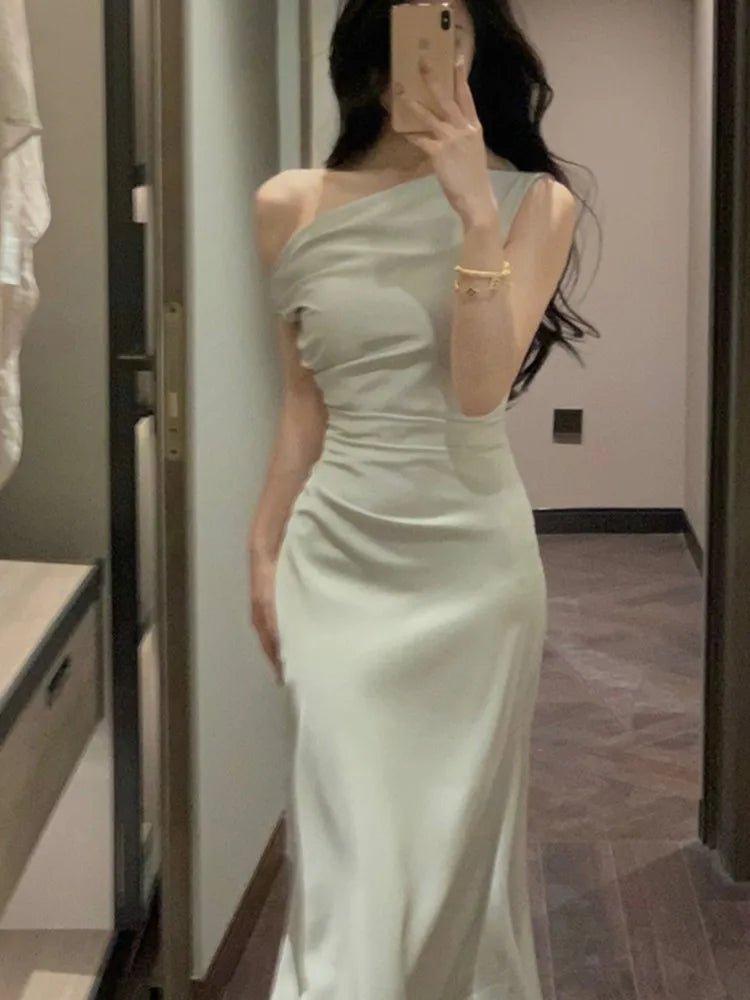 優雅純色晚會禮服/夏季時尚韓版畢業禮服/露肩修身連身裙 (現貨) - WeddLin 輕婚紗