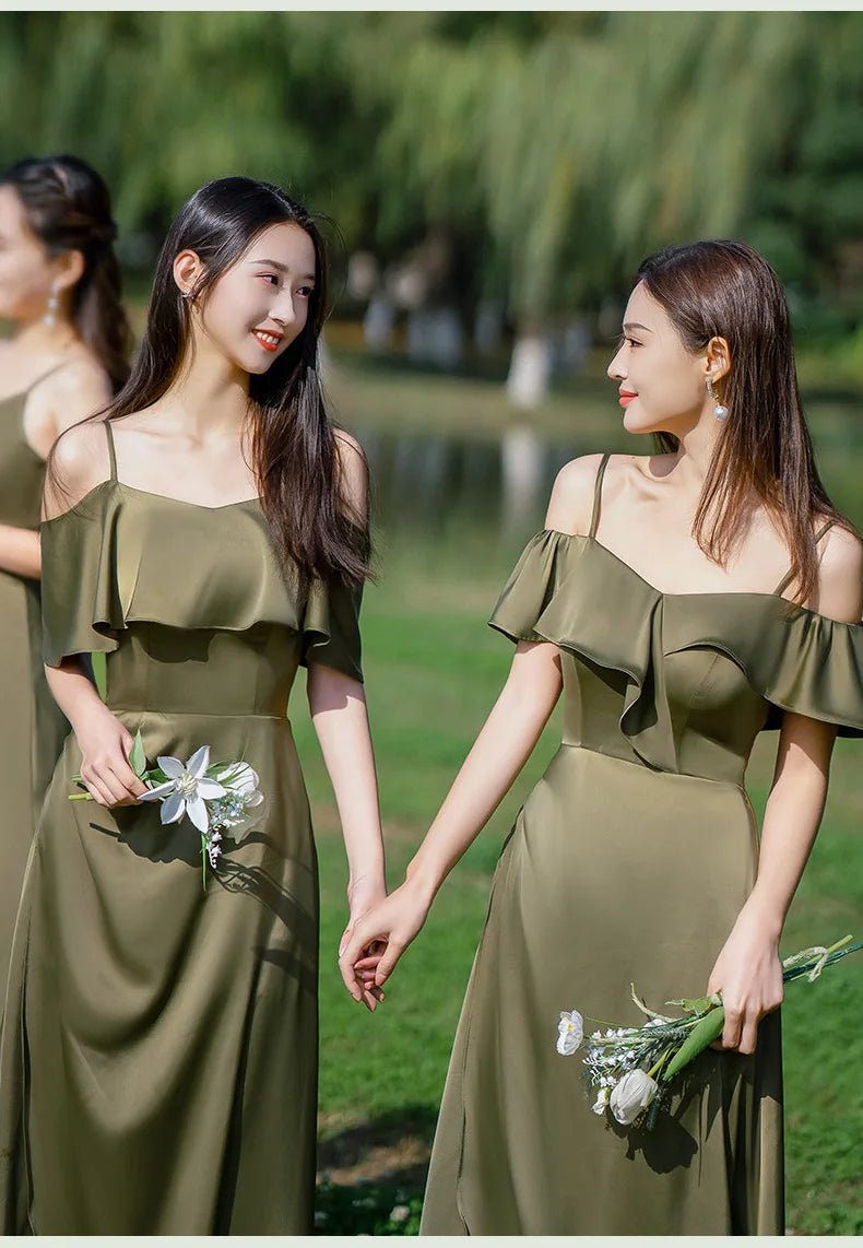 墨綠色緞面長款伴娘禮服｜小型婚禮與海外婚禮適用 - WeddLin 輕婚紗