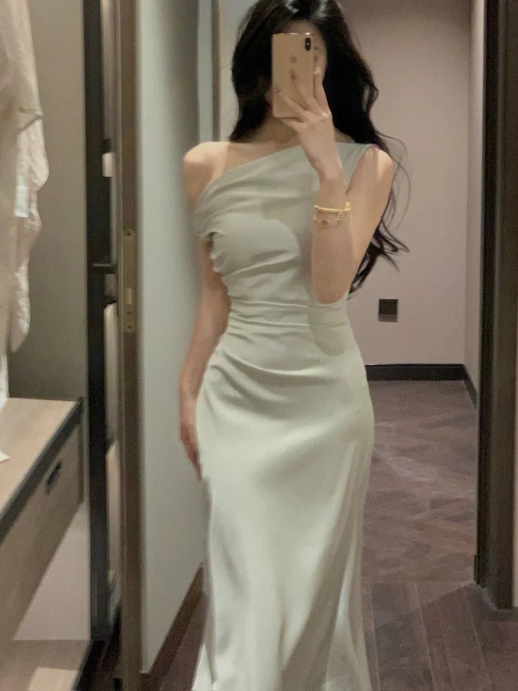 優雅純色晚會禮服/夏季時尚韓版畢業禮服/露肩修身連身裙 (現貨) - WeddLin 輕婚紗