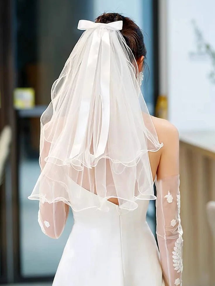 婚禮單身派對新娘髮飾/白色薄紗蝴蝶結珍珠頭紗髮夾 - WeddLin 輕婚紗