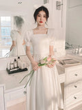 韓系氣質中長款象牙白小禮服/ 方領短袖/ 婚禮派對/表演洋裝 - WeddLin 輕婚紗