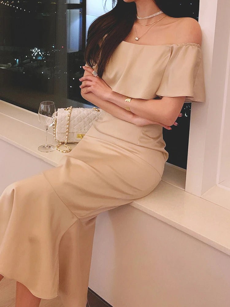 韓系夏季一字領開叉包臀長洋裝｜中長裙 蝴蝶袖 禮服風 美人魚剪裁 - WeddLin 輕婚紗