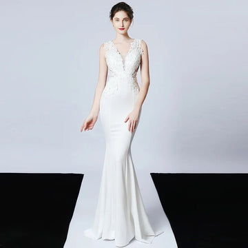 優雅美人魚 V 領長禮服/晚宴洋裝 /亮片刺繡透視背設計 - WeddLin 輕婚紗