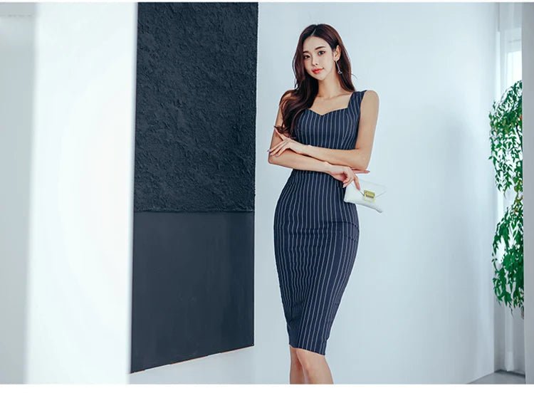 條紋復古無袖V領削肩洋裝/夏季氣質直筒裙/ 上班約會款 - WeddLin 輕婚紗