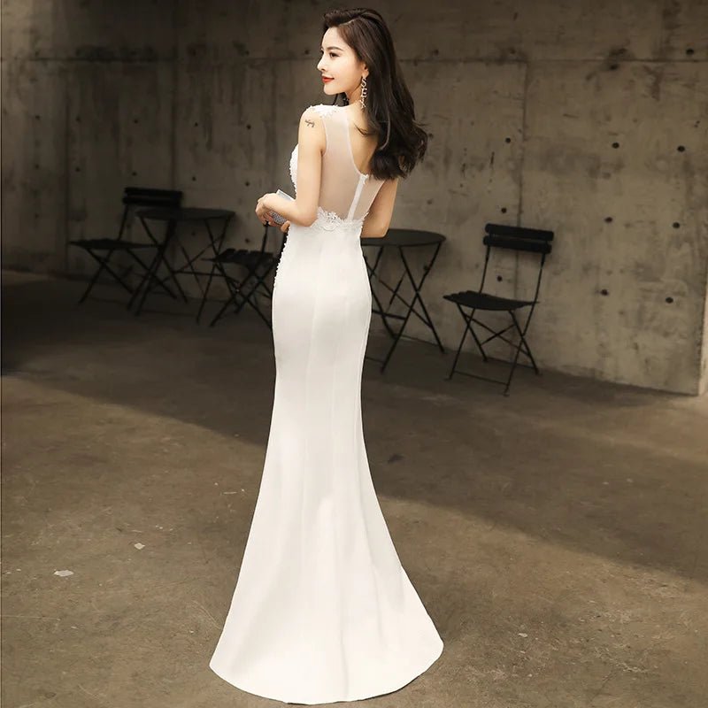 象牙白魚尾V領晚宴禮服｜無袖公主風長洋裝 婚禮舞會宴會禮服 - WeddLin 輕婚紗