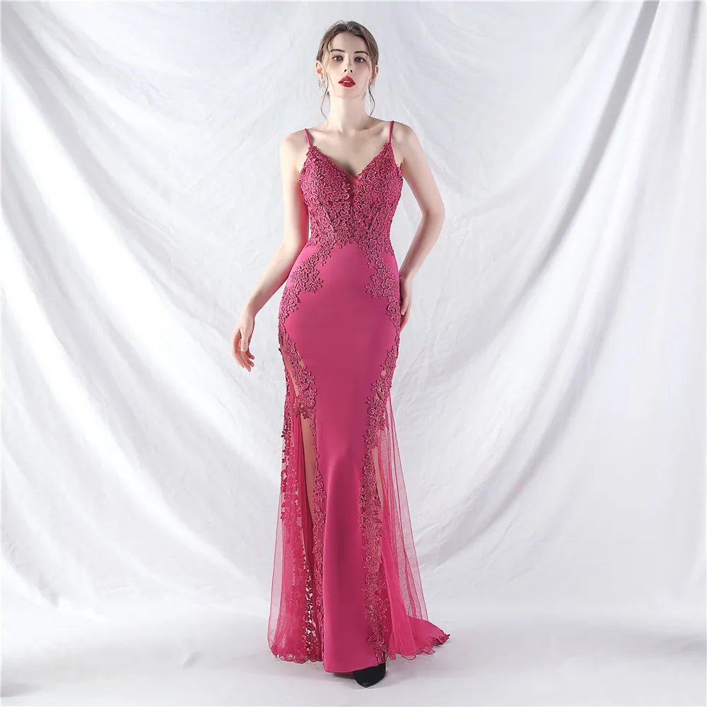 V 領細肩帶魚尾晚禮服｜Weddlin 蕾絲美背緞面宴會長禮服 - WeddLin 輕婚紗