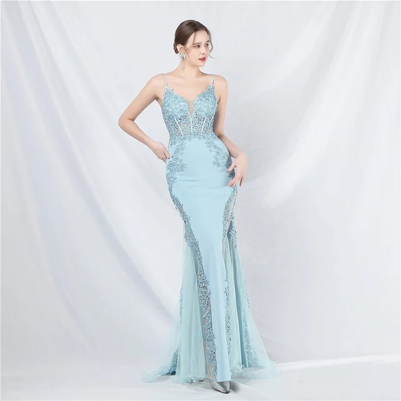 V 領細肩帶魚尾晚禮服｜Weddlin 蕾絲美背緞面宴會長禮服 - WeddLin 輕婚紗