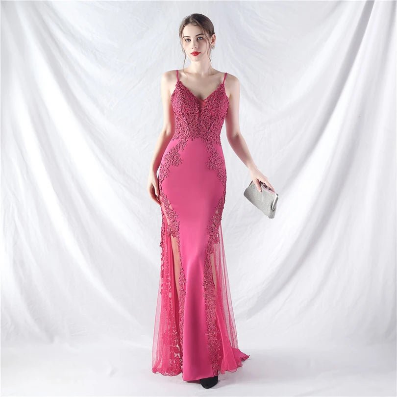 V 領細肩帶魚尾晚禮服｜Weddlin 蕾絲美背緞面宴會長禮服 - WeddLin 輕婚紗