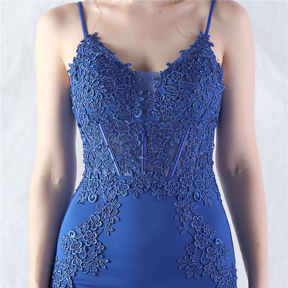 V 領細肩帶魚尾晚禮服｜Weddlin 蕾絲美背緞面宴會長禮服 - WeddLin 輕婚紗