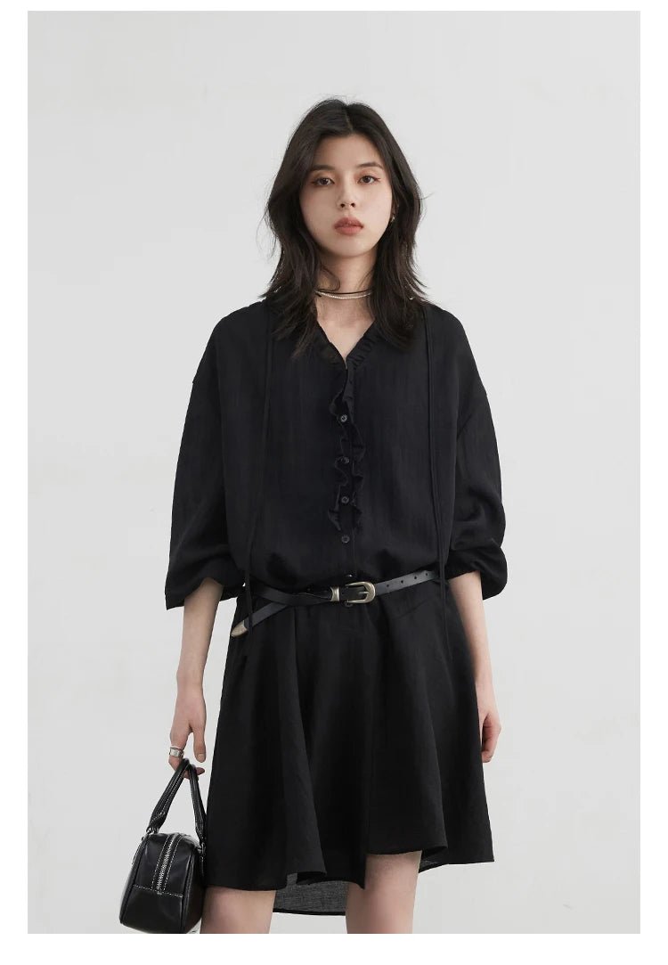 V領荷葉邊長袖A字連身裙/ 女裝/春夏寬鬆氣質洋裝 - WeddLin 輕婚紗