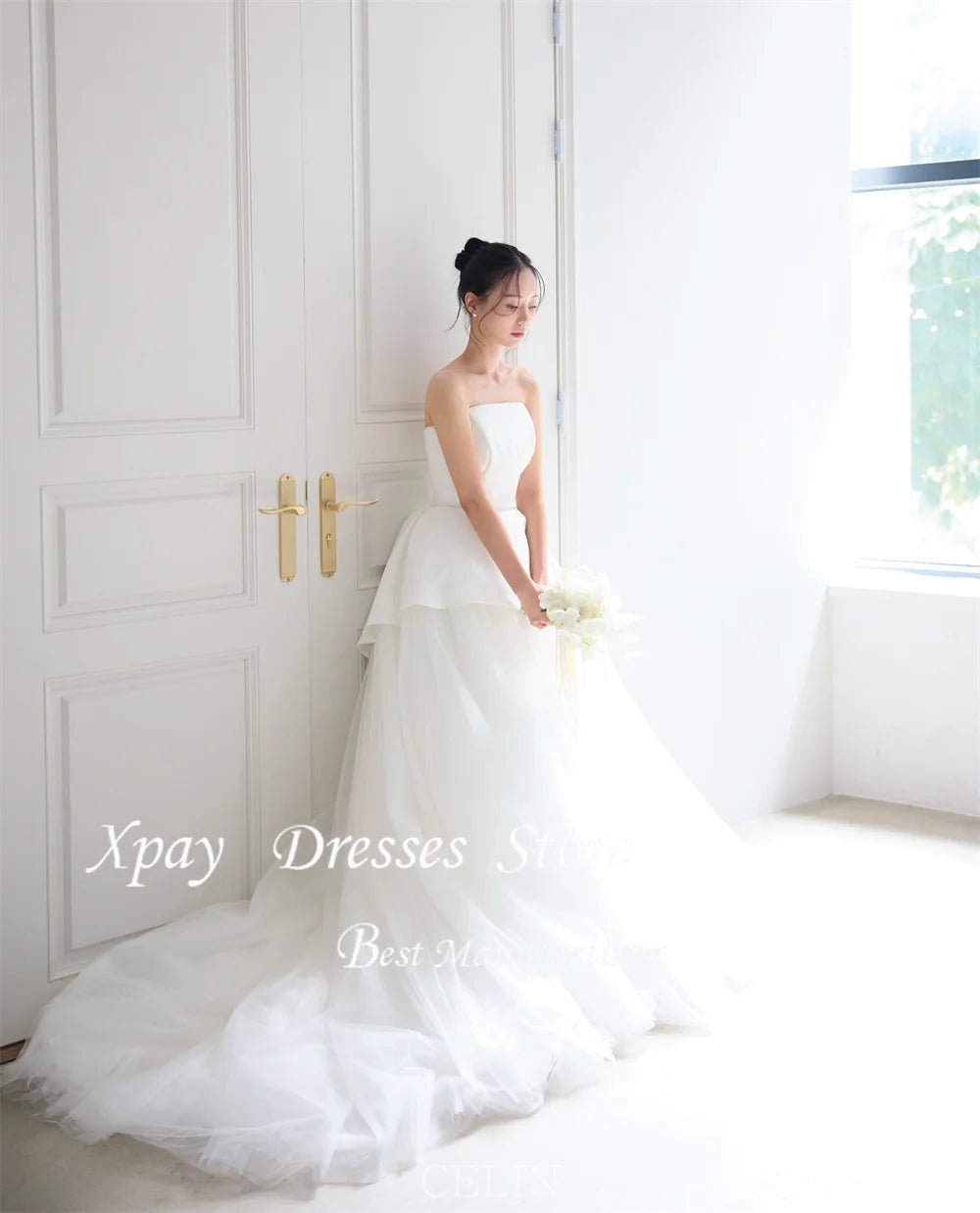 韓系平口網紗輕禮服｜自助婚紗拍照、正式晚宴推薦｜WeddLin 訂製 - WeddLin 輕婚紗