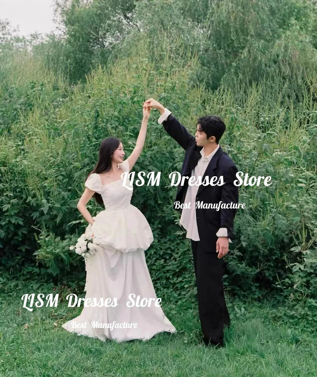 方領泡泡袖雪紡輕婚紗｜自助婚紗與海外婚禮外拍首選｜WeddLin 客製婚紗 - WeddLin 輕婚紗