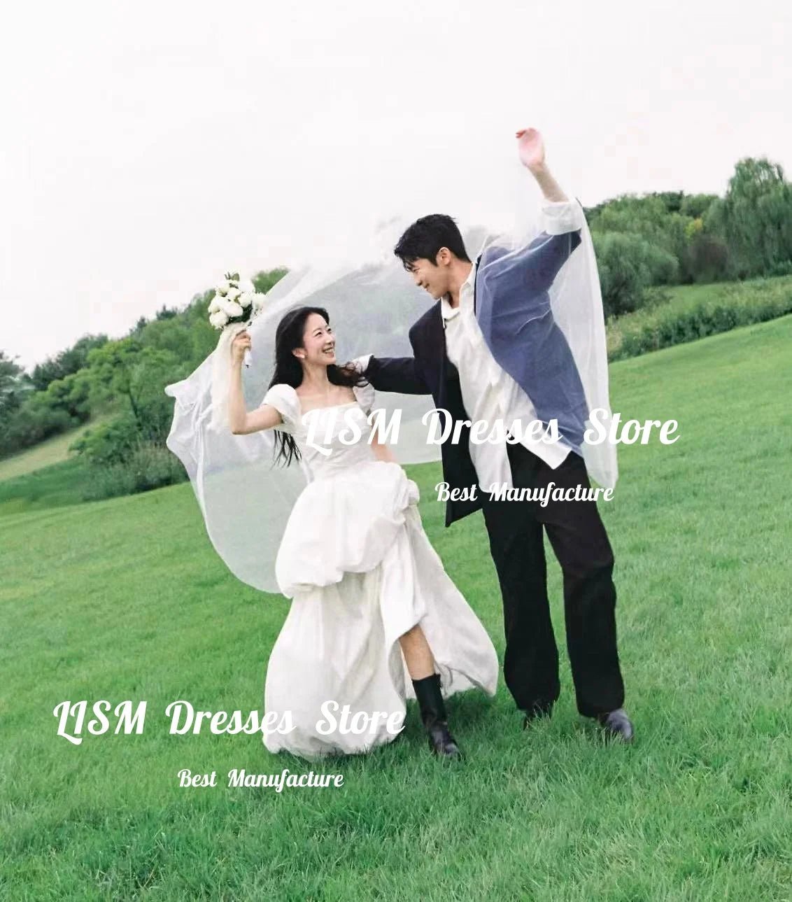 方領泡泡袖雪紡輕婚紗｜自助婚紗與海外婚禮外拍首選｜WeddLin 客製婚紗 - WeddLin 輕婚紗