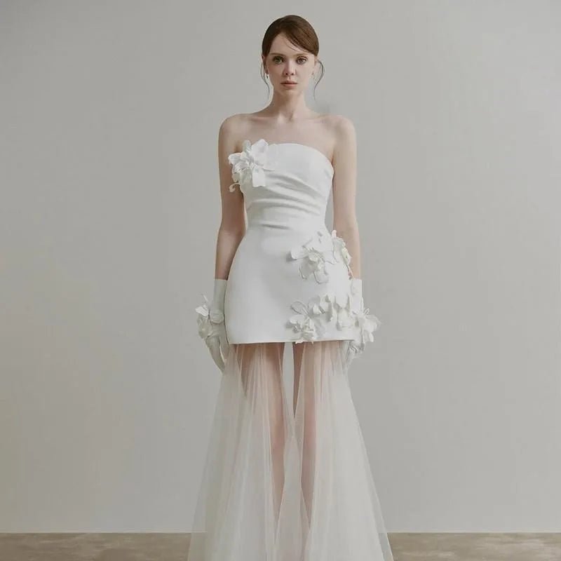 法式平口立體花朵輕婚紗｜緞面簡約長禮服 婚紗拍攝與宴客推薦 可客製尺寸 weddlin - WeddLin 輕婚紗