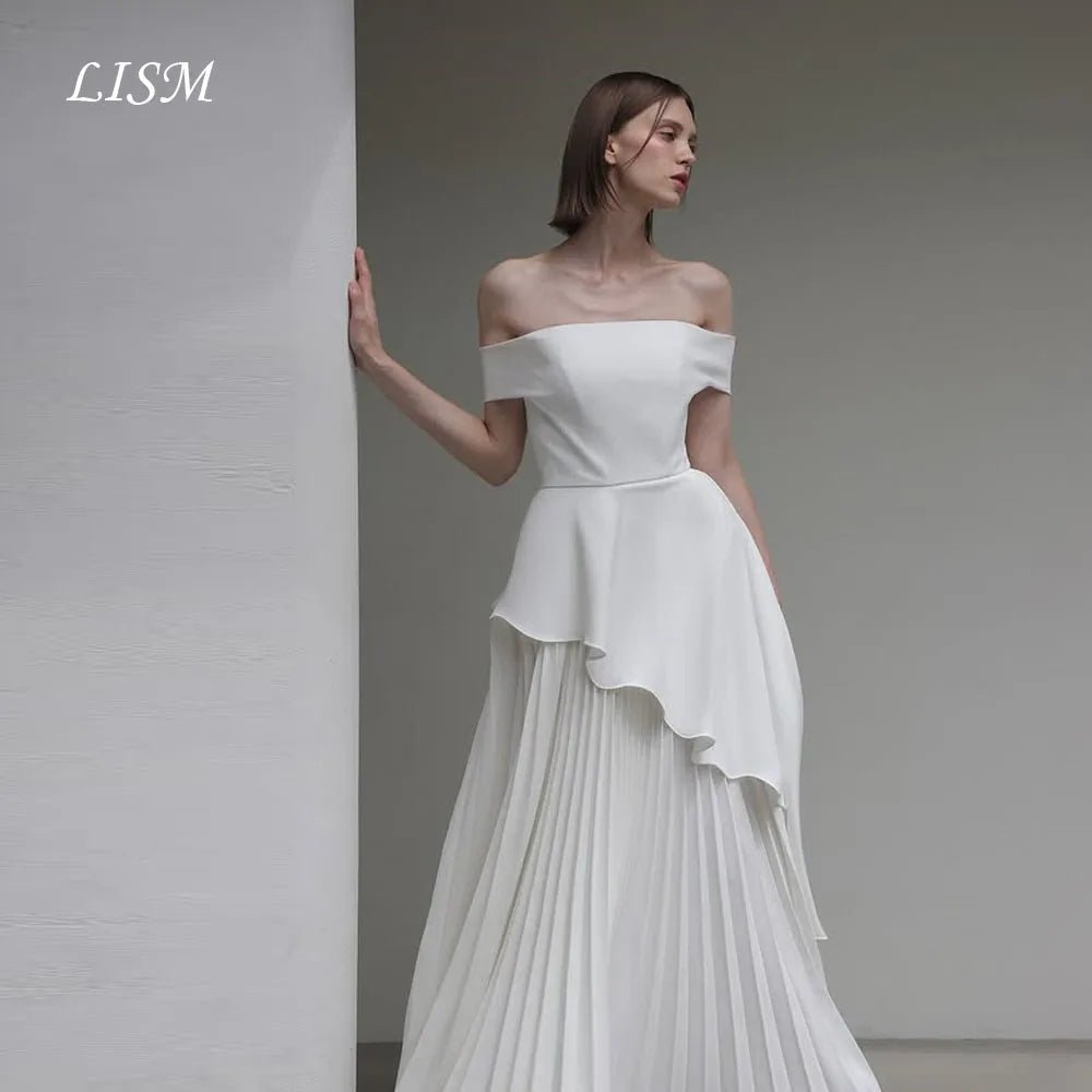 韓系極簡卡肩絲綢緞面雪紡輕婚紗｜weddlin 客製婚紗 - WeddLin 輕婚紗