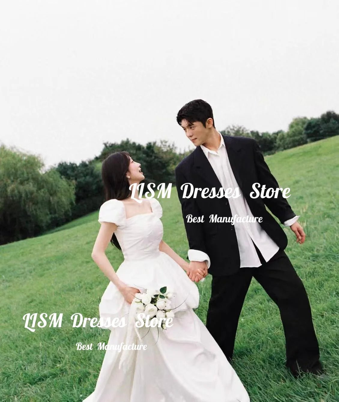 方領泡泡袖雪紡輕婚紗｜自助婚紗與海外婚禮外拍首選｜WeddLin 客製婚紗 - WeddLin 輕婚紗