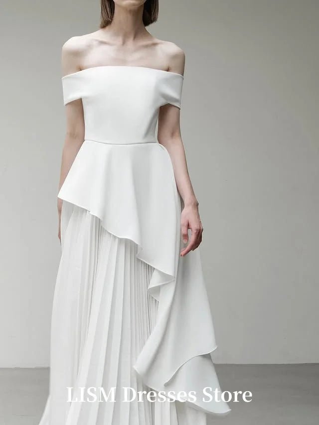 韓系極簡卡肩絲綢緞面雪紡輕婚紗｜weddlin 客製婚紗 - WeddLin 輕婚紗