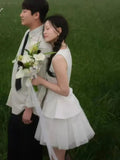 韓系極簡平口蛋糕裙緞面短婚紗｜weddlin 客製婚紗 - WeddLin 輕婚紗