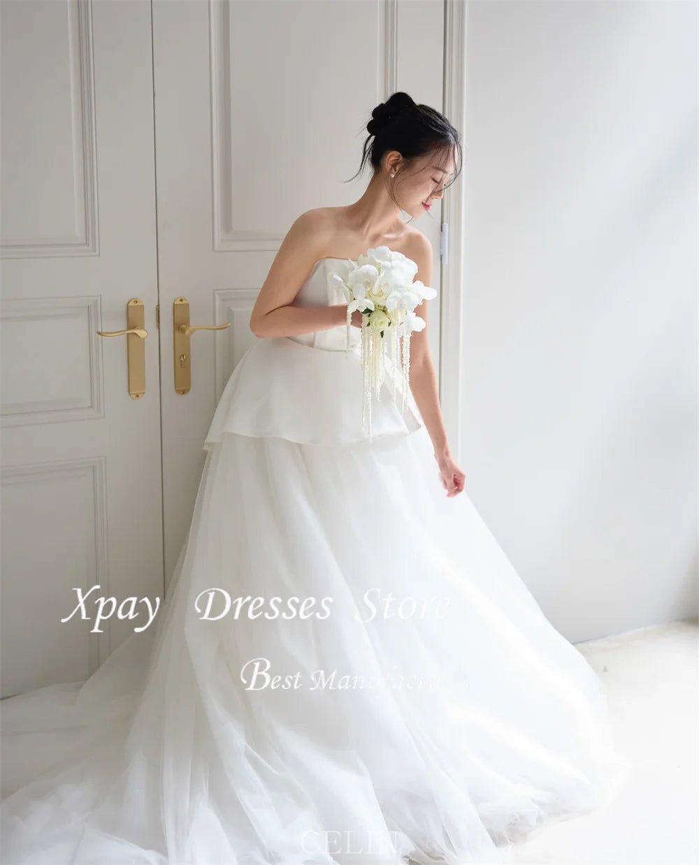 韓系平口網紗輕禮服｜自助婚紗拍照、正式晚宴推薦｜WeddLin 訂製 - WeddLin 輕婚紗