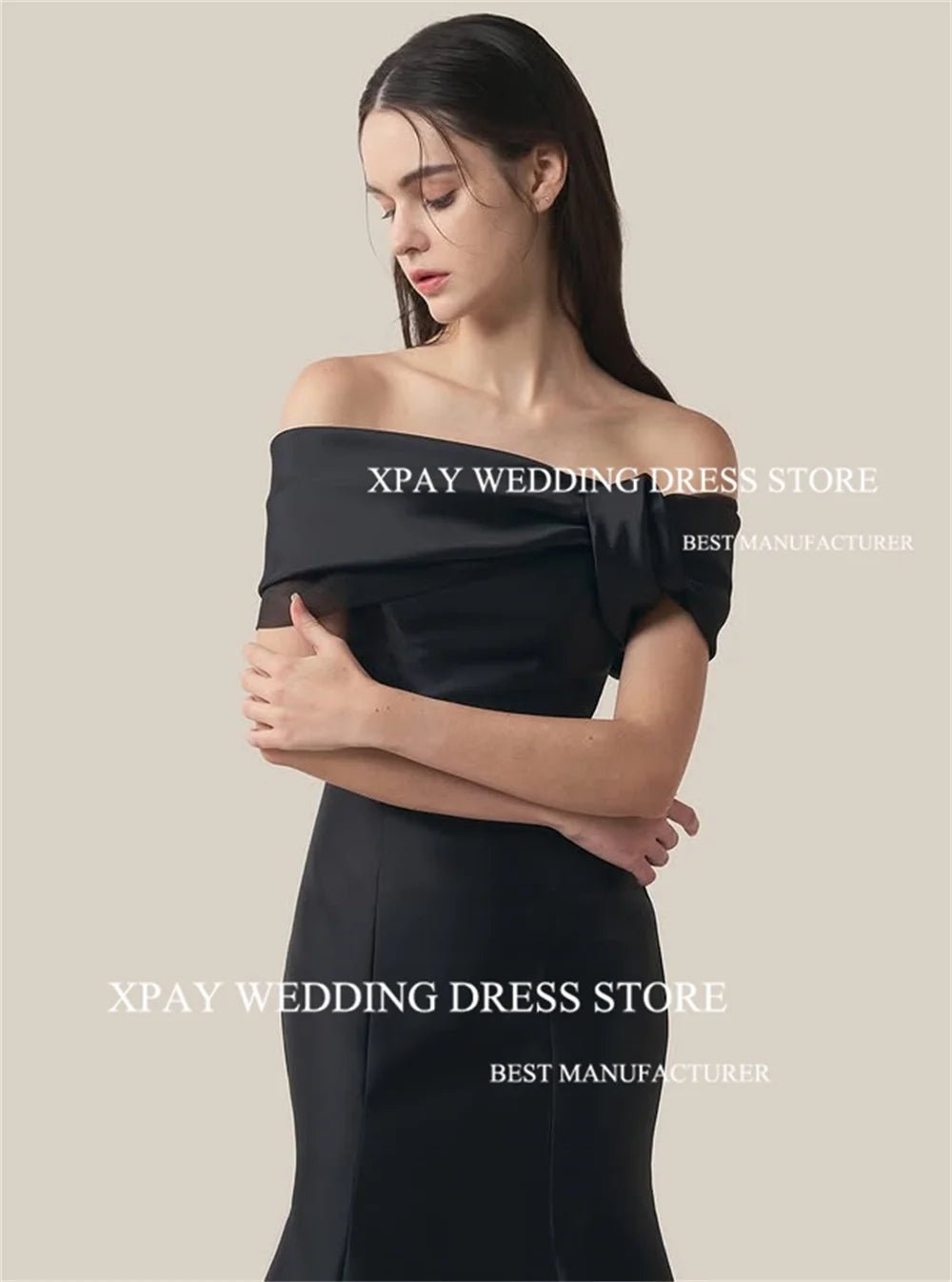 一字領魚尾緞面黑婚紗｜WeddLin 客製婚紗 - WeddLin 輕婚紗