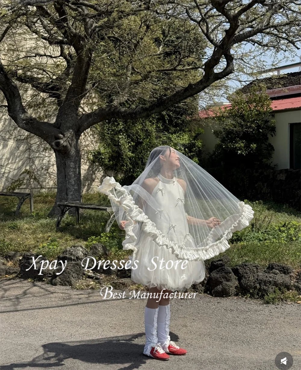 韓系簡約蝴蝶結掛脖短婚紗｜登記日與派對輕婚紗首選 可客製尺寸 weddlin - WeddLin 輕婚紗