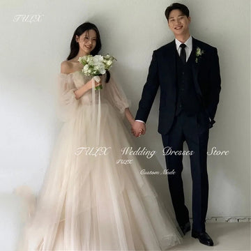 WeddLin 方心領泡泡袖長婚紗｜韓版拍攝禮服 A字紗裙 - WeddLin 輕婚紗