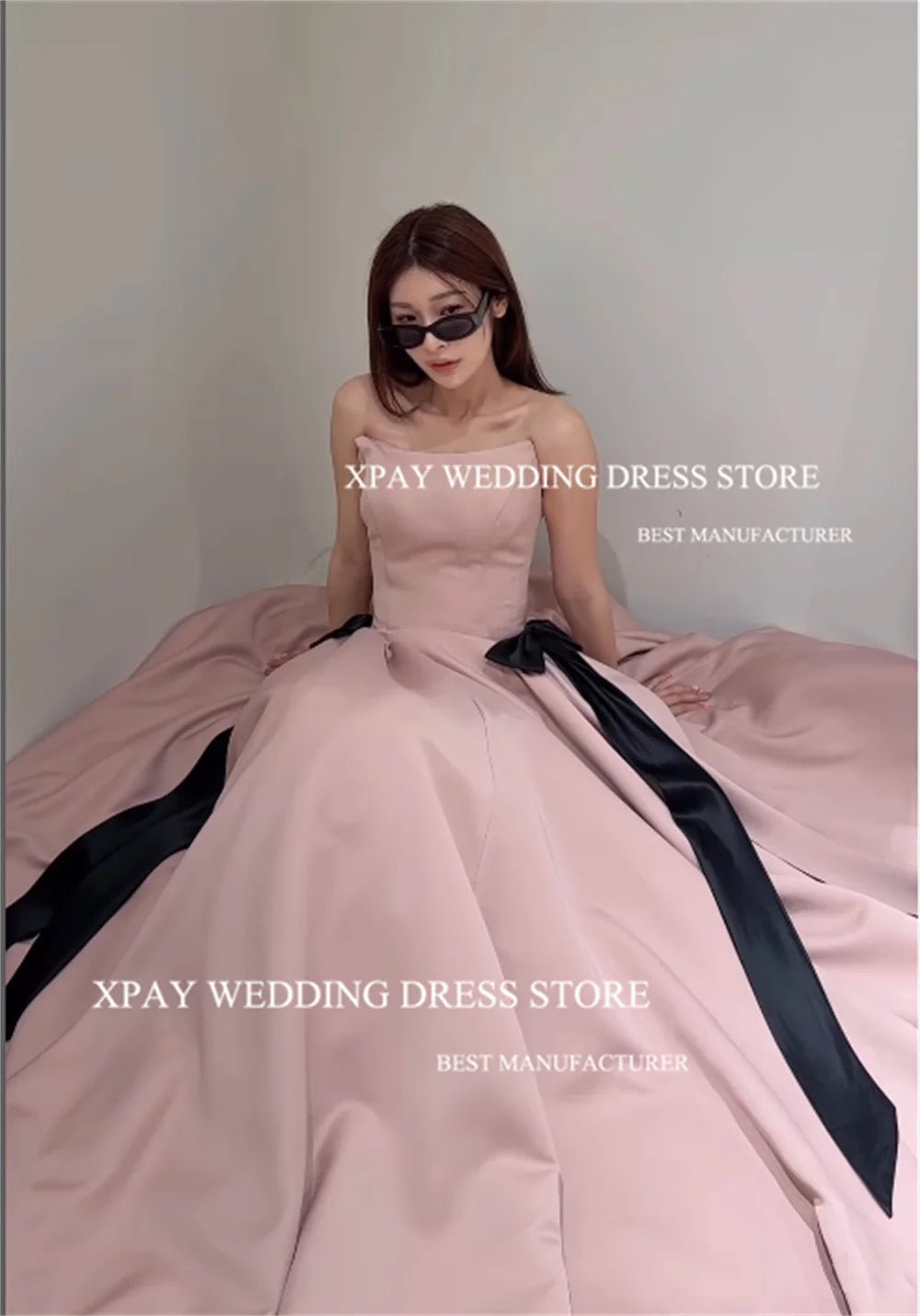 WeddLin 粉色露肩晚禮服｜黑蝴蝶結 A字裙 舞會婚禮拍照可客製 - WeddLin 輕婚紗