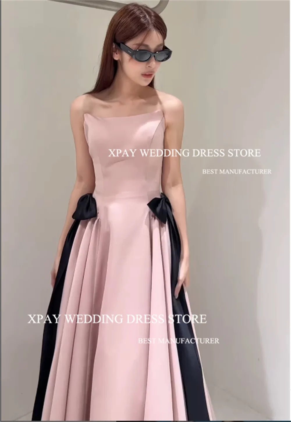 WeddLin 粉色露肩晚禮服｜黑蝴蝶結 A字裙 舞會婚禮拍照可客製 - WeddLin 輕婚紗