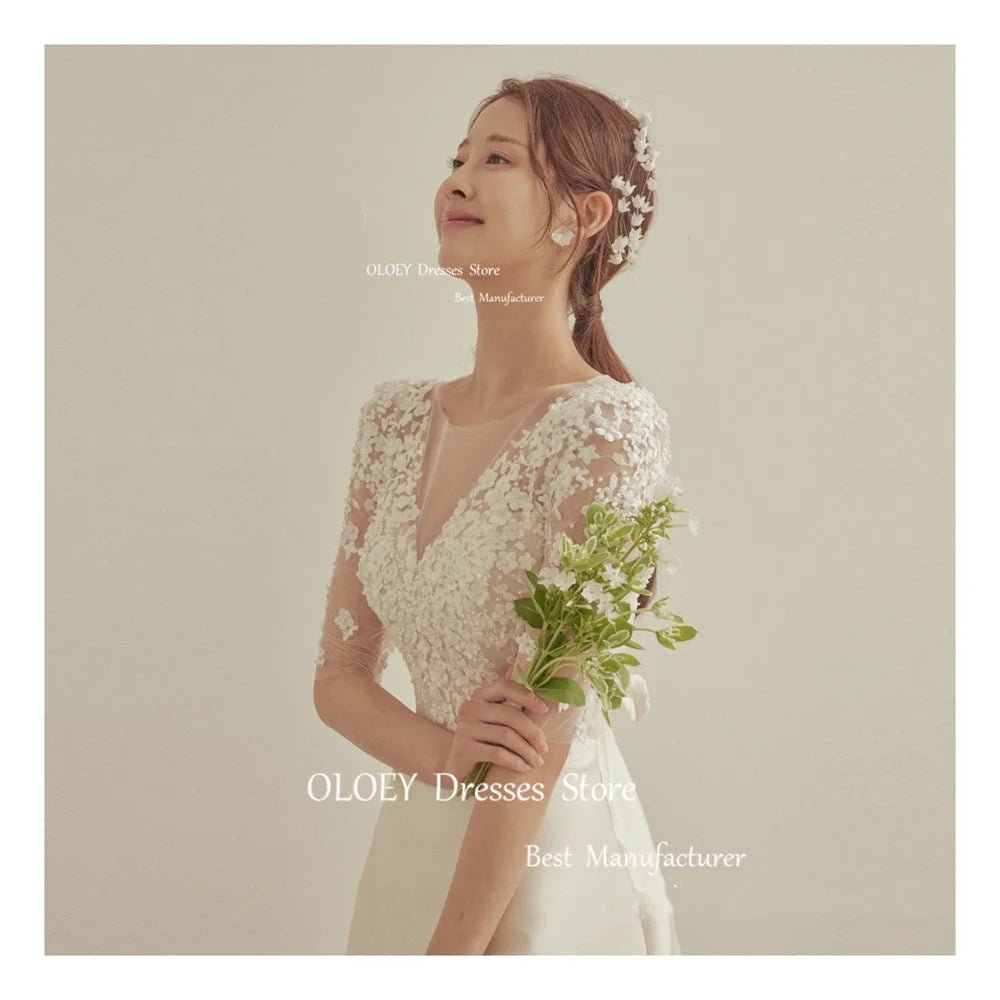 WeddLin 象牙白緞面輕婚紗｜韓系五分袖 A - Line 剪裁．客製尺寸、海外/拍照婚紗 - WeddLin 輕婚紗