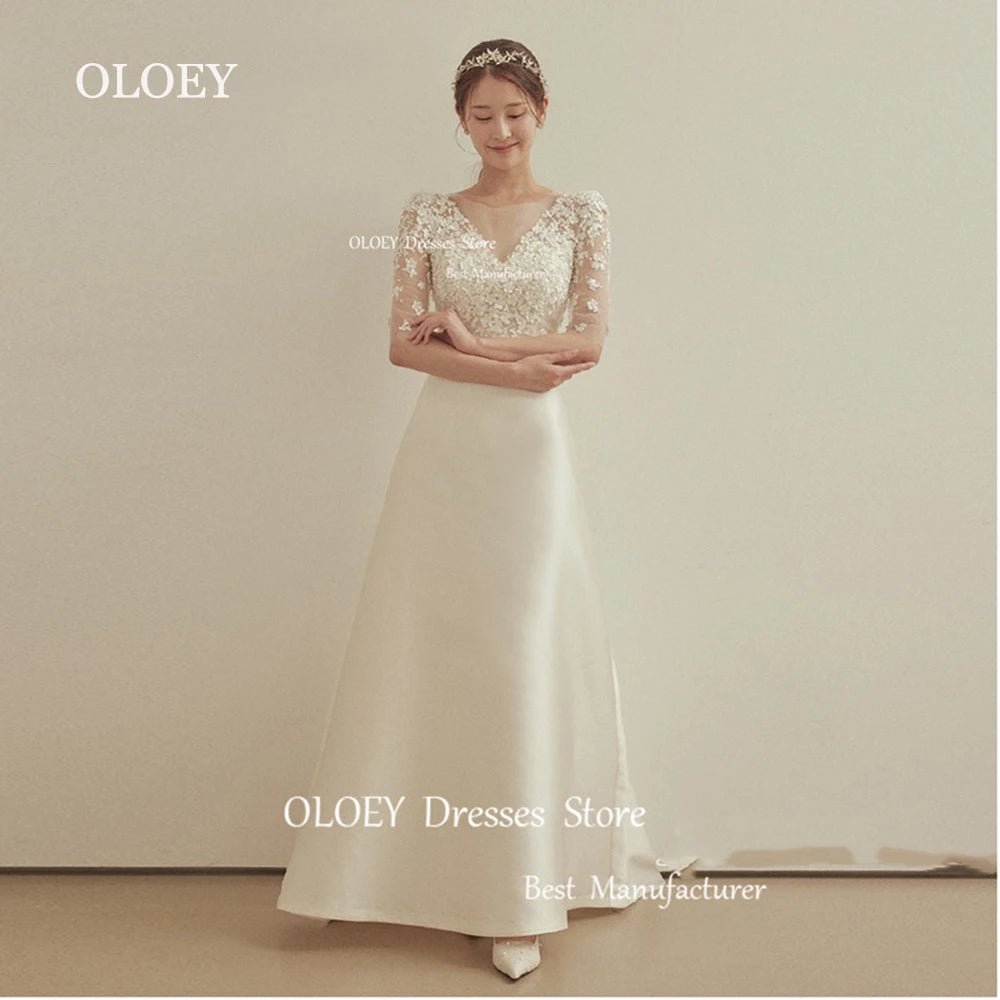 WeddLin 象牙白緞面輕婚紗｜韓系五分袖 A - Line 剪裁．客製尺寸、海外/拍照婚紗 - WeddLin 輕婚紗
