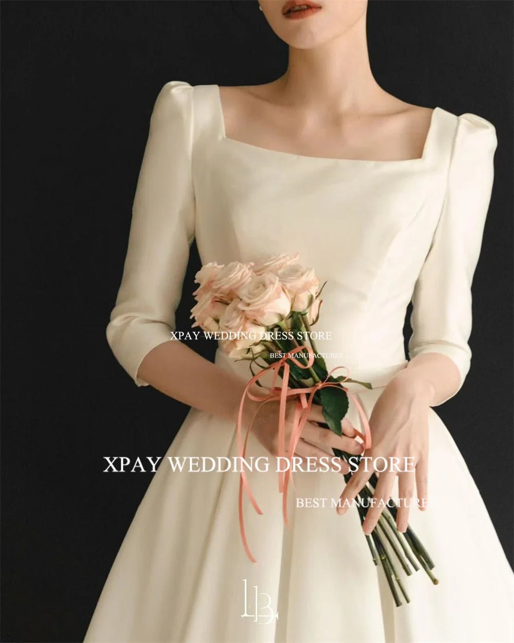 WeddLin 緞面方領五分袖輕婚紗｜韓系極簡 A - Line 剪裁．客製尺寸、拍照婚紗推薦 - WeddLin 輕婚紗