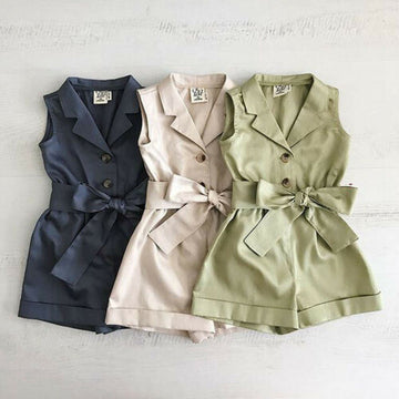 幼兒兒童女嬰衣服/無袖領結腰連身衣/優雅純色/純色連衣褲/夏季套裝