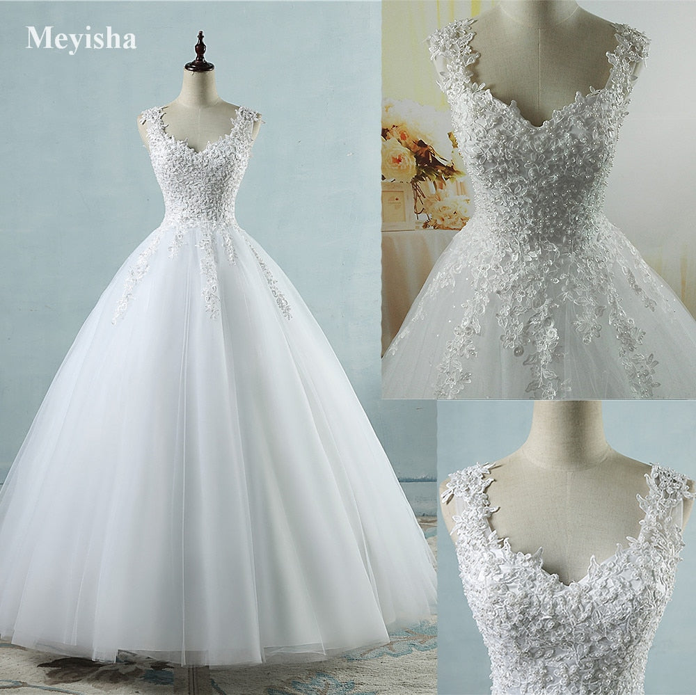 珍珠新娘禮服/舞會禮服/細肩帶白色象牙色薄紗/ 2023 結婚禮服