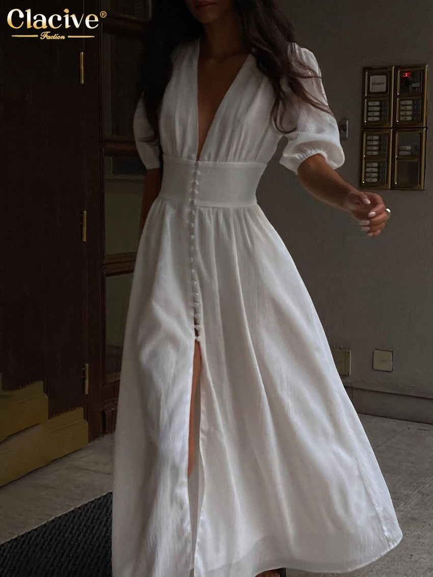 白色性感單排扣女式連衣裙/優雅短袖 V 領派對連衣裙/女士休閒修身中長連衣裙