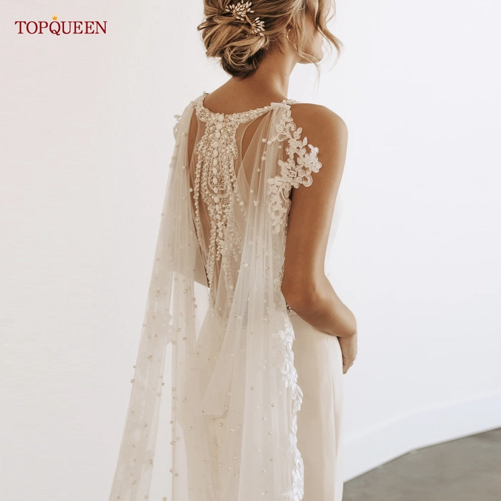 婚紗披肩/蕾絲夾克帶珍珠婚紗/女式披肩頭紗/婚紗裹身/婚紗